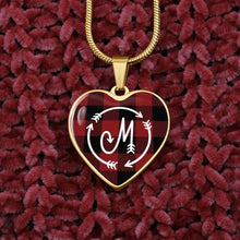 Load image into Gallery viewer, M Monogram Buffalo Plaid Heart Shaped Pendant Red and Black
