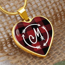 Load image into Gallery viewer, M Monogram Buffalo Plaid Heart Shaped Pendant Red and Black
