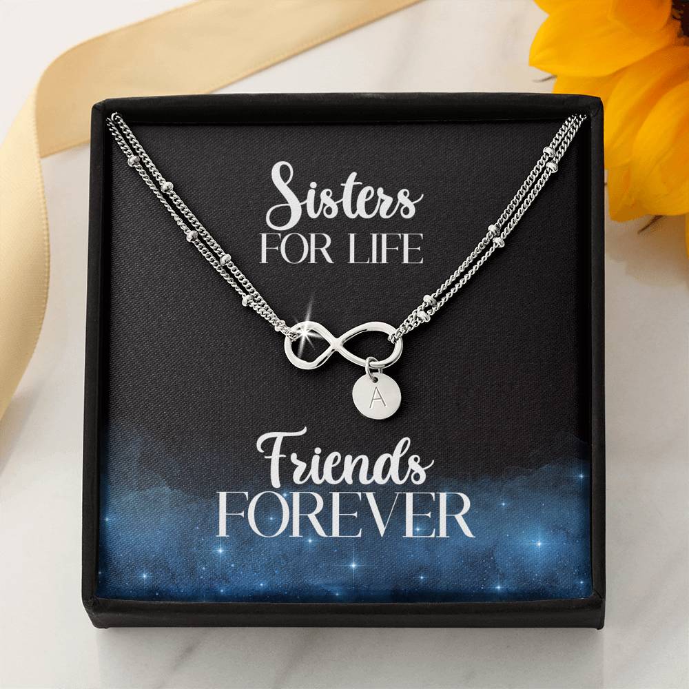 Sisters For Life, Friends Forever Infinity Symbol Bracelet With Personalized Stamped Charms and Card With Gift Box