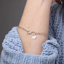 Load image into Gallery viewer, Sisters For Life, Friends Forever Infinity Symbol Bracelet With Personalized Stamped Charms and Card With Gift Box
