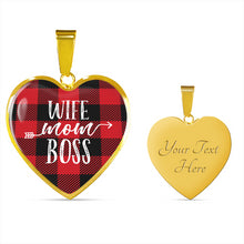 Load image into Gallery viewer, Wife Mom Boss Red Buffalo Plaid Heart Shaped Stainless Steel Pendant
