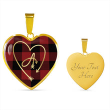 Load image into Gallery viewer, Custom Arrow Heart Monogram on Red Buffalo Plaid Heart Shaped Pendant Jewelry Necklace In Stainless Steel or 18K Gold Finish
