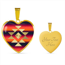 Load image into Gallery viewer, Heart Shaped Pendant With Tribal Design on Purple, Orange and Red Serape Background
