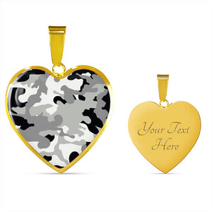 Gray Black and White Camouflage Heart Shaped Stainless Steel Pendant Necklace