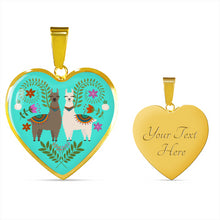 Load image into Gallery viewer, Llama and Flower Design on Turquoise Background Heart Shaped Pendant In Gold or Silver
