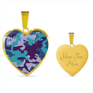 Teal Blue and Purple Camouflage Heart Shaped Stainless Steel Pendant Necklace