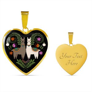 Heart Shaped Pendant With Colorful Llamas and Flowers on Black Background