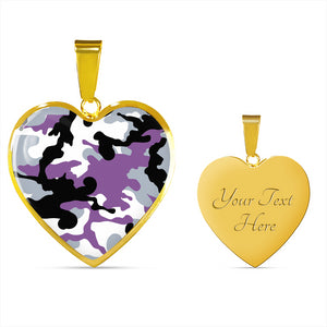 Purple, Gray, Black and White Camouflage Heart Shaped Stainless Steel Pendant Necklace