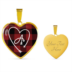 Custom Arrow Heart Monogram on Red Buffalo Plaid Heart Shaped Pendant Jewelry Necklace In Stainless Steel or 18K Gold Finish