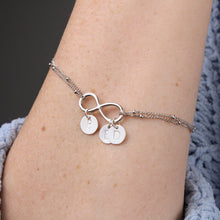 Load image into Gallery viewer, Sisters For Life, Friends Forever Infinity Symbol Bracelet With Personalized Stamped Charms and Card With Gift Box
