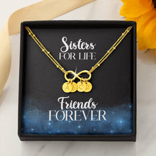 Load image into Gallery viewer, Sisters For Life, Friends Forever Infinity Symbol Bracelet With Personalized Stamped Charms and Card With Gift Box
