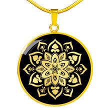 Load image into Gallery viewer, Black With Mandala Flower Design Circle Round Pendant In Stainless Steel or 18K Gold Finish

