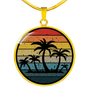 Retro Sunset With Palm Trees Jewelry Circle Pendant Necklace in Stainless Steel or 18k Gold Finish With Gift Box and Chain