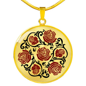 Red and Black Roses on Round Pendant In Stainless Steel or Gold