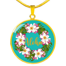 Load image into Gallery viewer, Aloha Hawaiian Floral Wreath Jewelry Round Circle Pendant Necklace With Gift Box and Chain in Stainless Steel or 18K Gold Finish
