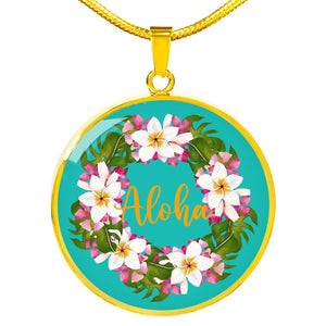 Aloha Hawaiian Floral Wreath Jewelry Round Circle Pendant Necklace With Gift Box and Chain in Stainless Steel or 18K Gold Finish