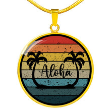 Load image into Gallery viewer, Aloha Palm Tree Retro Sunset Necklace Jewelry Pendant In Stainless Steel or 14K Gold Finish
