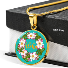 Load image into Gallery viewer, Aloha Hawaiian Floral Wreath Jewelry Round Circle Pendant Necklace With Gift Box and Chain in Stainless Steel or 18K Gold Finish
