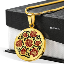 Load image into Gallery viewer, Red and Black Roses on Round Pendant In Stainless Steel or Gold
