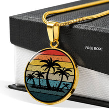 Load image into Gallery viewer, Retro Sunset With Palm Trees Jewelry Circle Pendant Necklace in Stainless Steel or 18k Gold Finish With Gift Box and Chain
