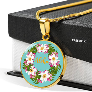 Aloha Hawaiian Design Jewelry Circle Shaped Round Pendant Necklace With Chain and Gift Box