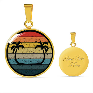 Retro Sunset With Twin Palm Trees Jewelry Circle Pendant Necklace With Gift Box and Chain in Stainless Steel or 18k Gold Finish