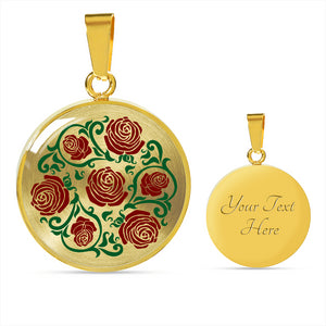 Red and Green Rose Round Pendant Stainless Steel or Gold