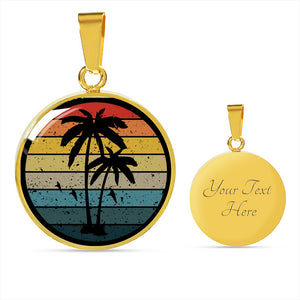Retro Sunset With Palm Trees and Seagulls Circle Pendant Stainless Steel Necklace With Gift Box