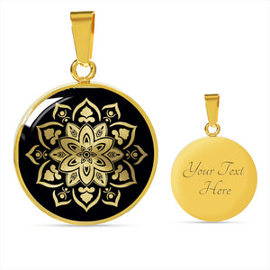 Black With Mandala Flower Design Circle Round Pendant In Stainless Steel or 18K Gold Finish