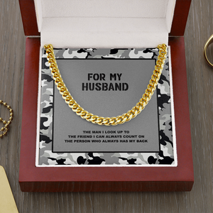 FOR MY HUSBAND Gray Camouflage Message Card Cuban Link Chain Necklace and Gift Box