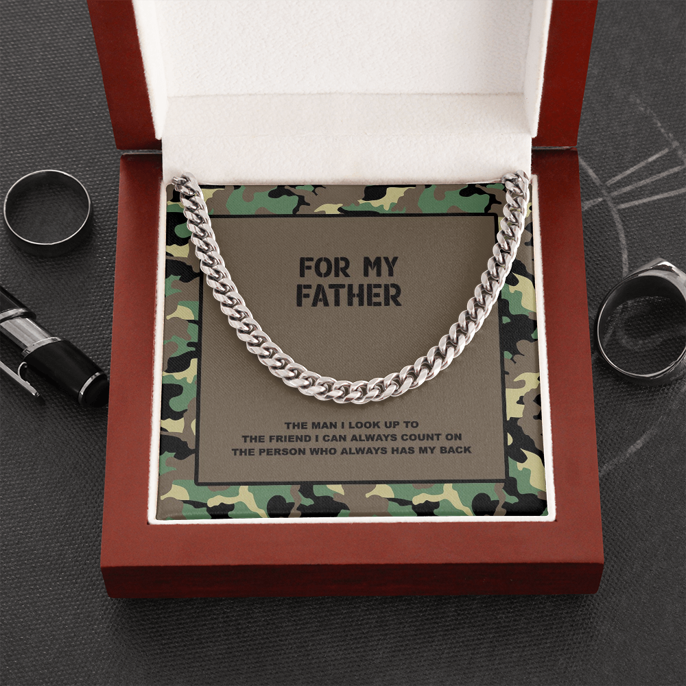 For My Father Green and Brown Camouflage Cuban Link Chain Necklace and Gift Box