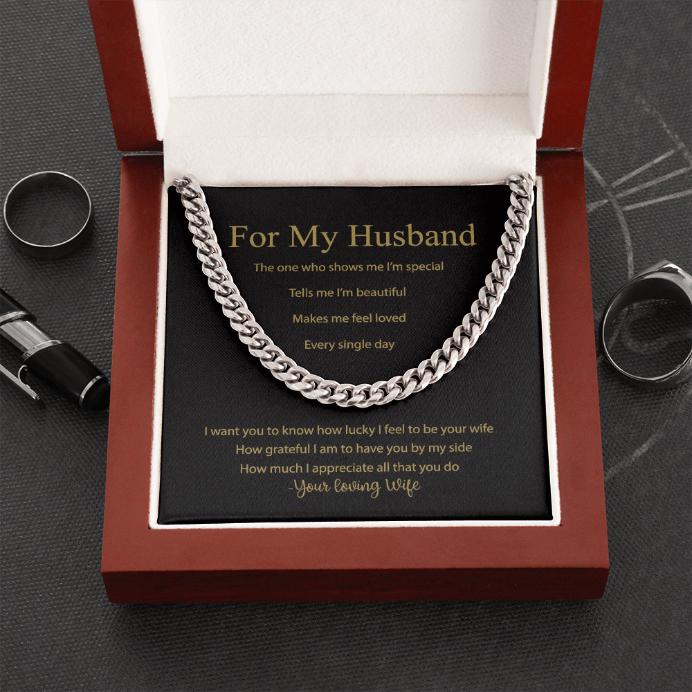 For My Husband Black and Gold Message Card With Cuban Link Chain and Gift Box