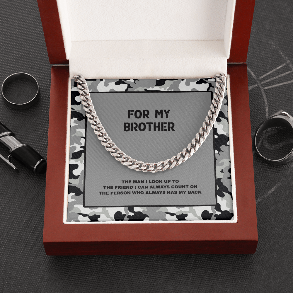 For My Brother Gray Camouflage Message Card With Cuban Link Chain and Gift Box
