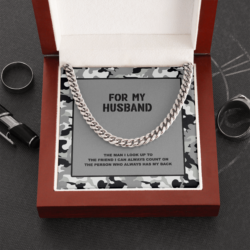 FOR MY HUSBAND Gray Camouflage Message Card Cuban Link Chain Necklace and Gift Box