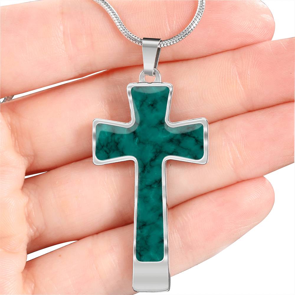 Teal Cross Necklace Faux Marble Pendant Stainless Steel Necklace With Chain and Gift Box