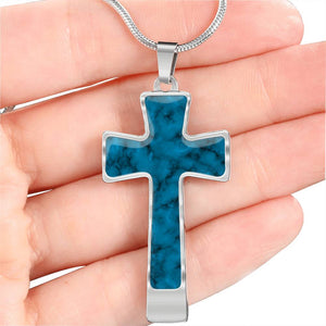 Blue Faux Marble Stainless Steel Cross Necklace Pendant With Chain and Gift Box