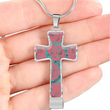 Load image into Gallery viewer, Turquoise With Pink Roses on Faux Marble Cross In Stainless Steel or 18K Gold Finish With Chain Necklace and Gift Box
