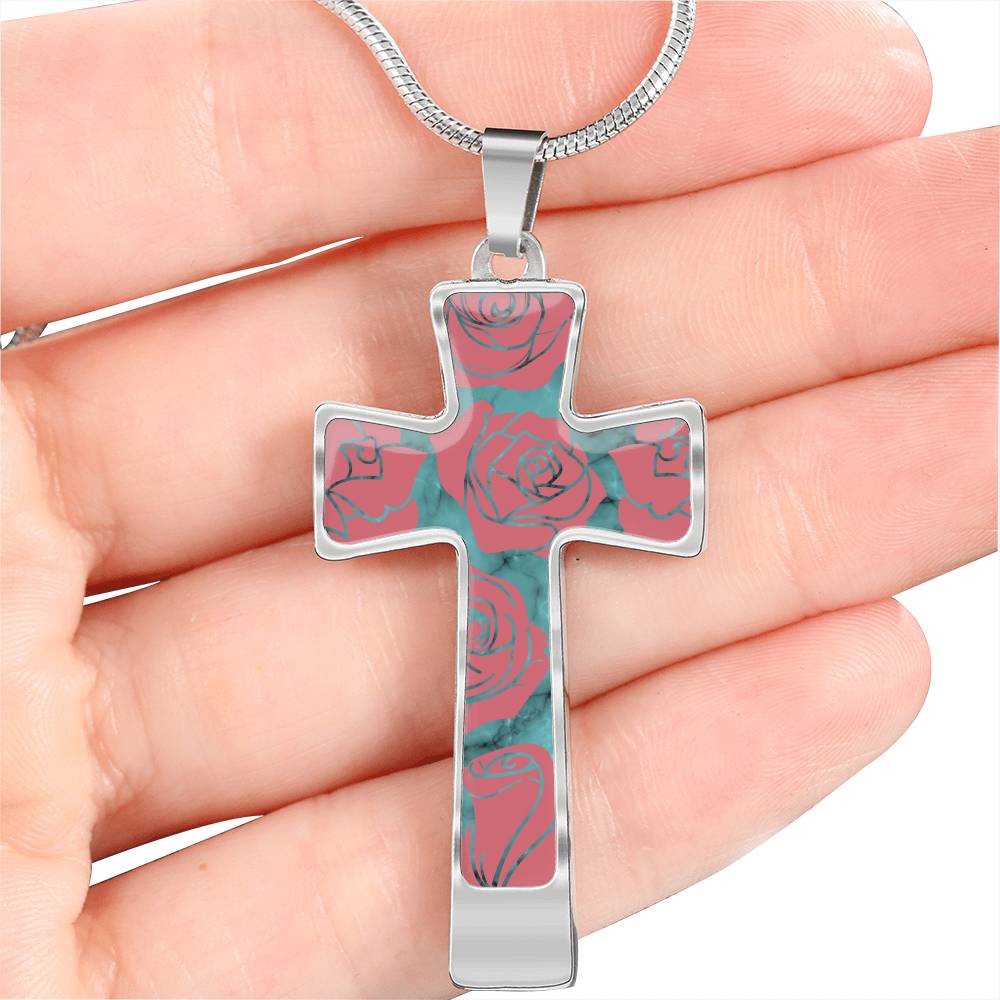 Turquoise With Pink Roses on Faux Marble Cross In Stainless Steel or 18K Gold Finish With Chain Necklace and Gift Box