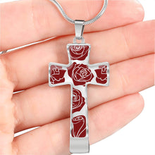 Load image into Gallery viewer, Roses on Cross Pendant In Stainless Steel or 18K Gold Finish With Chain and Gift Box Gift Set
