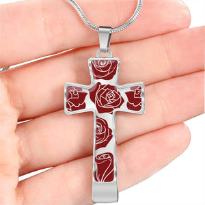 Roses on Cross Pendant In Stainless Steel or 18K Gold Finish With Chain and Gift Box Gift Set