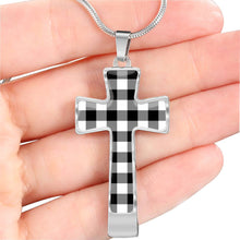 Load image into Gallery viewer, Black and White Buffalo Plaid Christian Cross Necklace With Chain and Gift Box
