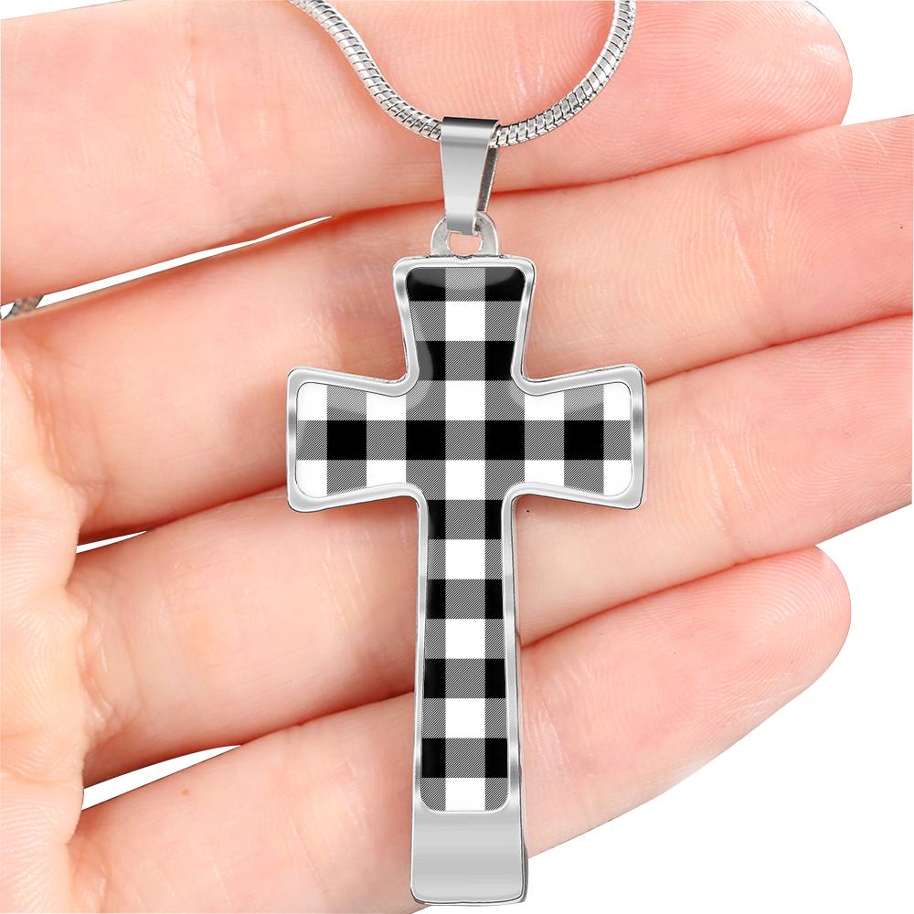 Black and White Buffalo Plaid Christian Cross Necklace With Chain and Gift Box