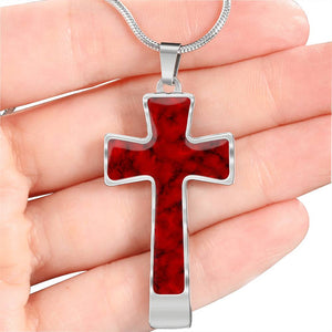 Red Faux Marble Cross Jewelry Religious Christian Stainless Steel Pendant Necklace With Chain and Gift Box