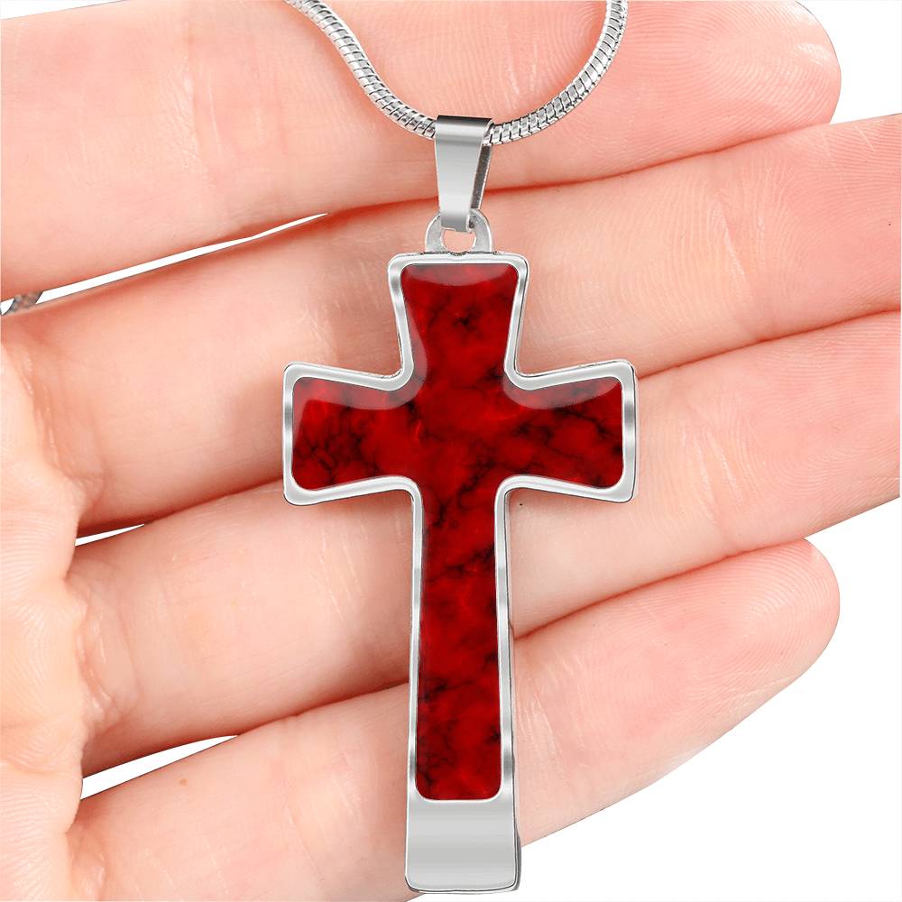 Red Faux Marble Cross Jewelry Religious Christian Stainless Steel Pendant Necklace With Chain and Gift Box