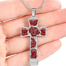 Load image into Gallery viewer, Roses on Cross Pendant Necklace White Faux Marble In Stainless Steel or 18K Gold Finish With Chain and Gift Box
