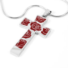 Load image into Gallery viewer, Roses on Cross Pendant In Stainless Steel or 18K Gold Finish With Chain and Gift Box Gift Set
