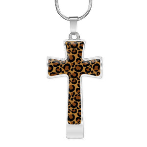 Leopard Print Christian Cross In Stainless Steel or Gold With Chain and Gift Box
