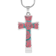Load image into Gallery viewer, Turquoise With Pink Roses on Faux Marble Cross In Stainless Steel or 18K Gold Finish With Chain Necklace and Gift Box
