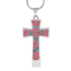 Turquoise With Pink Roses on Faux Marble Cross In Stainless Steel or 18K Gold Finish With Chain Necklace and Gift Box