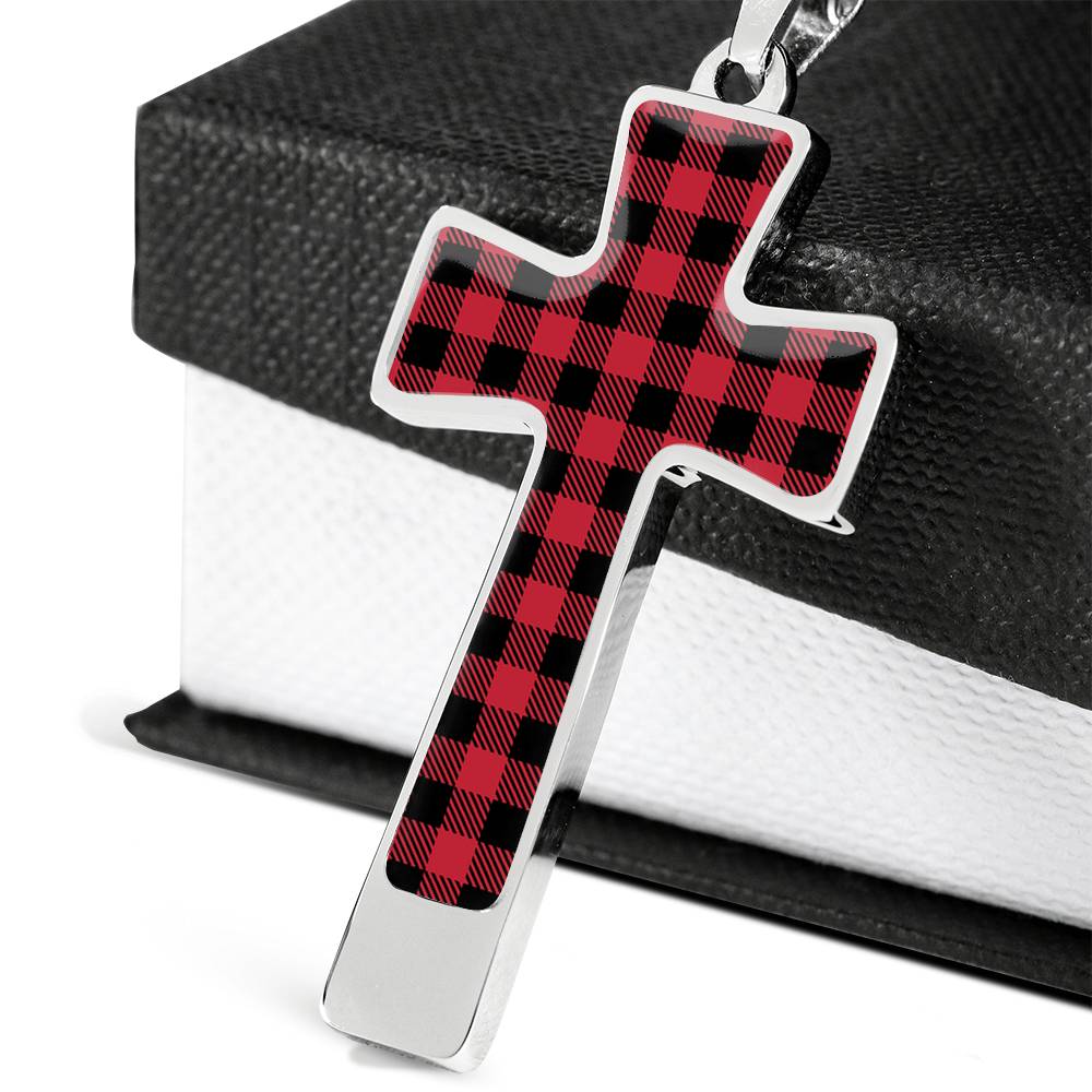 Buffalo Plaid Cross Pendant Necklace With Chain and Gift Box